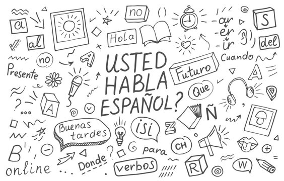 Usted habla español? Interpreter language online. Do you speak Spanish language learning concept vector illustration. Doodle of foreign language education course for home online training study.