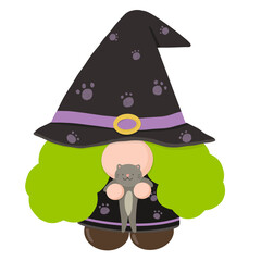 Cute Halloween gnome holding cat 