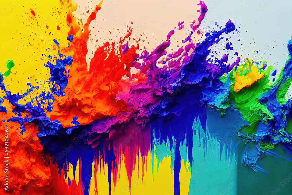 Wall mural exploding rainbow color paint splashes as colorful background