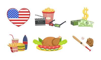 Set of USA traditional cultural symbols. Heart shaped American flag, fast food dishes, cinema movie objects vector illustration