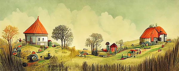 Fototapeten Rural village farm wallpaper background illustration © Robert Kneschke