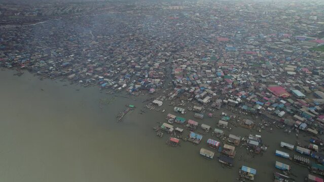 Aerial view of a slum with houses built on top of them in makoko  Lagos, Nigeria