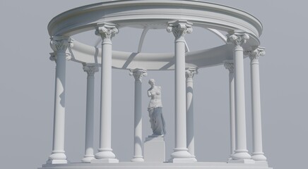 3D rendering. The statue of Venus de Milo in the center of the ancient white colonnade, an architectural monument. Background, postcard. Monochrome
