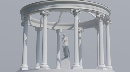 3D rendering. The statue of Venus de Milo in the center of the ancient white colonnade, an architectural monument. Background, postcard. Monochrome  © Push Serg	
