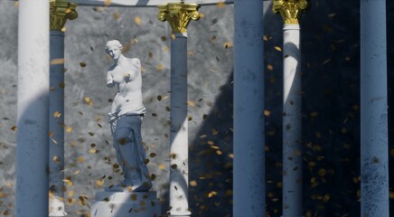 3D rendering. The statue of Venus de Milo against the background of the ancient white colonnade, an architectural monument. Background, postcard. Close-up
