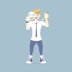 betrayer jealous man hiding, holding under smiling mask, depression and melancholy, poker face, back stab concept, vector illustration cartoon flat character design clip art