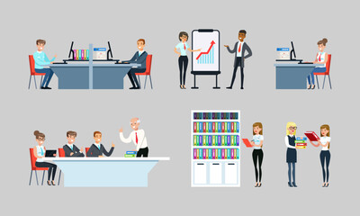 Obraz premium Scenes at office. Business people taking part in business meeting, brainstorming, working on computer and presenting new project flat vector