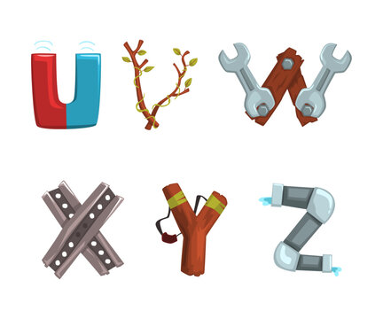 Alphabet with various objects. U,V,W,X,Y,Z creative cartoon letters made of branches, magnet, wrenches, slingshot vector illustration