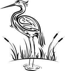 Fototapeta premium Fowl heron, egret or wader bird on pond with reeds