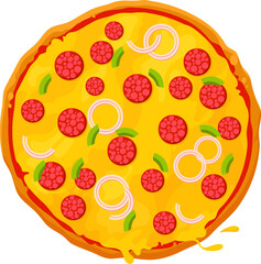 Whole pizza, vector pepperoni top view fast food