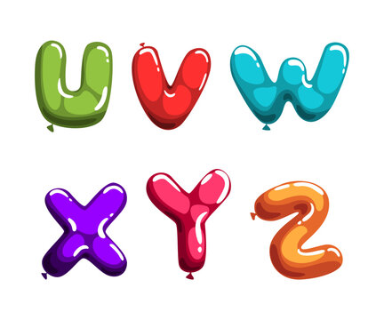 Colorful balloons alphabet. U,V,W,X,Y,Z creative cartoon glossy letters alphabetical font vector illustration