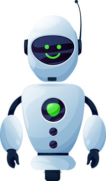 Cartoon smiling robot, electronic wheeled humanoid