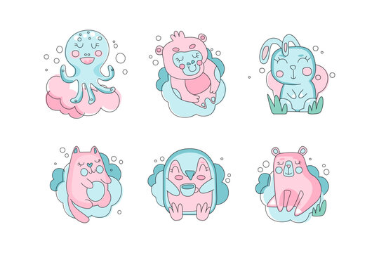 Cute hand drawn baby animals set. Funny blue and pink octopus, gorilla, rabbit, cat, penguin, bear vector illustration