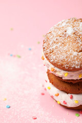 Concept of sweet food, cookies with ice cream, space for text