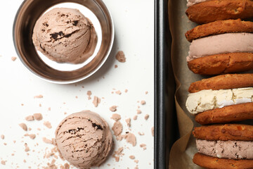 Concept of sweet food, cookies with ice cream, top view