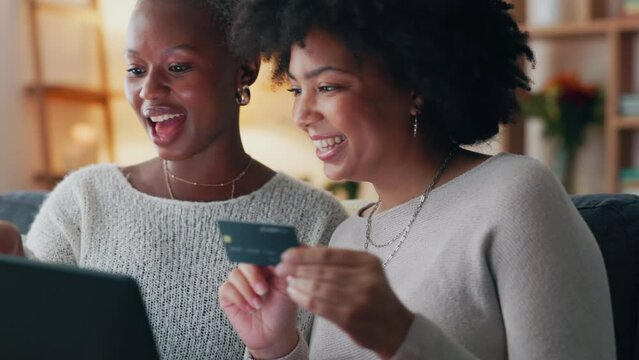 Payment, Credit Card And Friends Online Shopping On A Laptop For Discount Or Sale On A Digital Fintech Website At Home. Ecommerce, Happy And Excited African Women On The Sofa Banking On The Internet