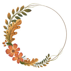 Autumn Fall Wreath Frame with Fall Leaves and Autumnal Flowers Isolated PNG Clipart