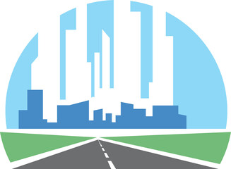 Highway icon with city skyscrapers on horizon