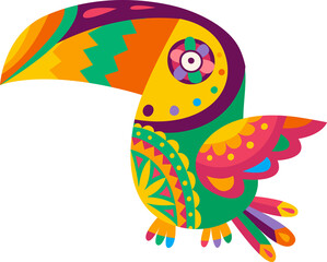 Fototapeta premium Toko bird with long beak, mexican ethnic ornament