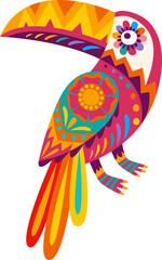 Cartoon toucan bird, aztec ethnic floral ornament © Vector Tradition