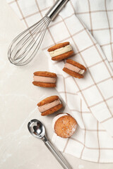 Concept of sweet food, cookies with ice cream, top view