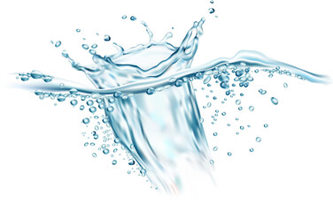Fototapeta na wymiar Liquid water splash, wave swirl with drops, vector
