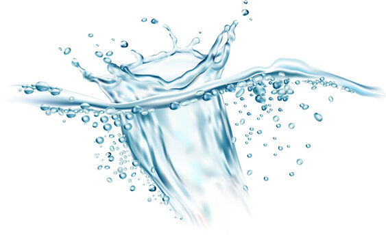 Liquid water splash, wave swirl with drops, vector