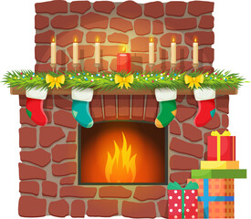 Obraz premium Christmas fireplace, candles and Santa gift socks