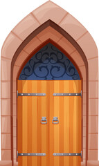 Cartoon medieval castle gates and doors, exterior
