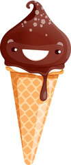 Cartoon chocolate ice cream character, waffle cone