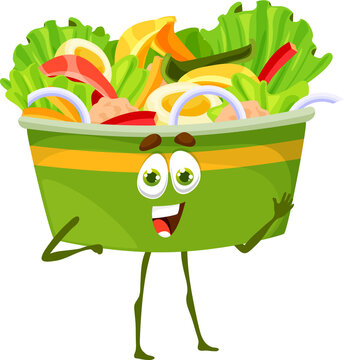 Cartoon caesar salad box character, fresh food
