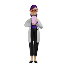 3D illustration. 3D Female Doctor cartoon showing a pink box. standing in a graceful pose. showing a cute smiling expression. 3D Cartoon Character