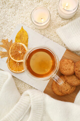 Concept of Hygge, warm and cozy composition, top view