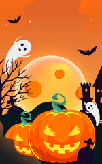 Western Halloween, night graveyard scene with jack-o-lanterns in front and old castle in background, vector illustration