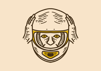 Man wearing full face helmet retro vintage line art