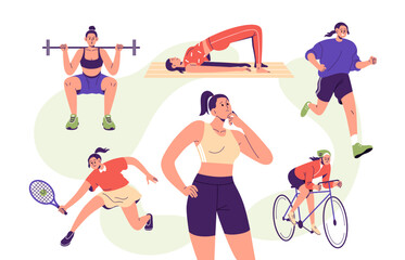 Choice of sport, physical activity concept. Woman thinking, choosing between workout options variety, fitness, gym, jogging, bicycle. Flat graphic vector illustrations isolated on white background - obrazy, fototapety, plakaty