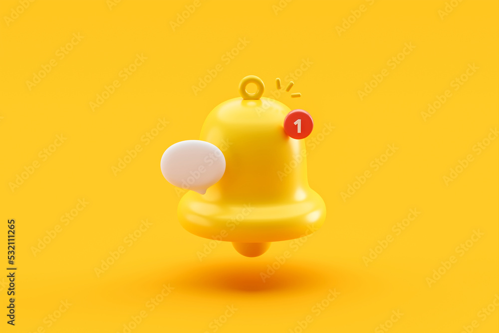 Poster reminder bell alarm 3d icon alert on new notification sign background with conversation bubble messa