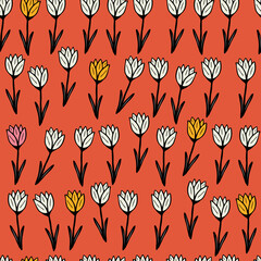 Hand drawn Retro Tulips - red white black yellow