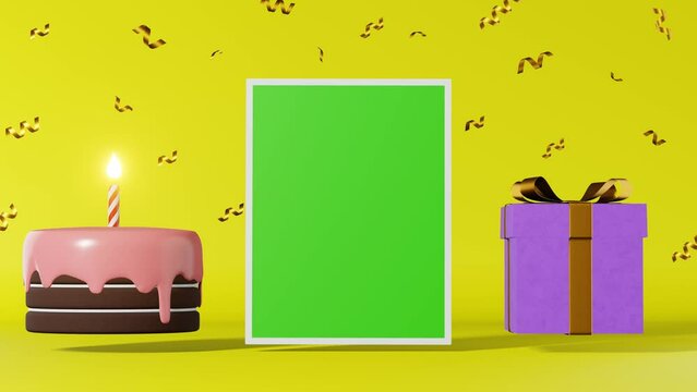 Chocolate cake pink icing candle chroma key frame purple gift box mockup 3d loop animation yellow background. Sweet dessert Anniversary celebration poster. Happy Birthday party green screen template.
