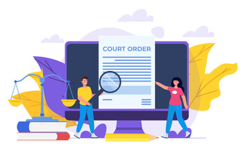 Сourt order document, Law and justice concept. Legislation,  Legal advice online. Vector illustration.