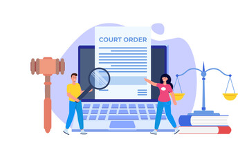 Сourt order document, Law and justice concept. Legislation,  Legal advice online. Vector illustration.