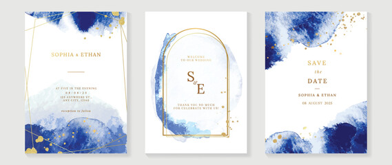 Luxury wedding invitation card template. Watercolor card with gold texture, blue color, golden frames, sparkles. Elegant watercolor texture vector design suitable for banner, cover, invitation, flyer.