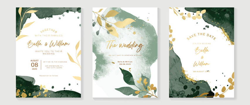 Luxury botanical wedding invitation card template. Watercolor card with eucalyptus, leaf branch, foliage, green color. Elegant blossom vector design suitable for banner, cover, invitation.