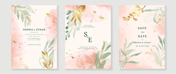 Luxury botanical wedding invitation card template. Watercolor card with eucalyptus, leaf branch, foliage, rose gold color. Elegant blossom vector design suitable for banner, cover, invitation.
