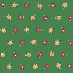 green repetitive background with simple orange and maroon flowers. floral seamless pattern. vector illustration. baby fabric swatch. wrapping paper. continuous design template for home decor, textile