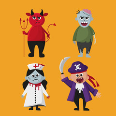 Characters on Halloween Zombie Demon Dead Nurse and Pirate