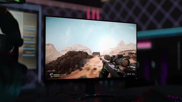 Sniper Player Eliminates Enemy Team In Online Shooter Combat Video Game. Player Destroys Military APC Vehicle In Online Combat Match Of Shooter Game. Warfare Combat Shooter Game. Playing Online