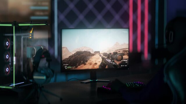 Streaming the newest single player fps game. Player streaming the difficult mission in the military warfare game. Streamer killed by enemy npc in the video game. Mission loss. Defeat