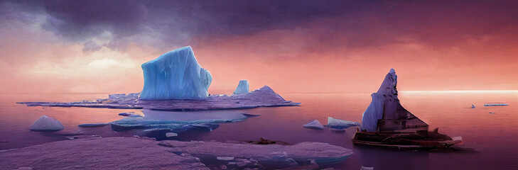 Panoramablick auf das arktische Meer, wo Eisberge schwimmen, bei Sonnenuntergang, wenn das Eis aufgrund des Klimawandels und der schmelzenden Gletscher schmilzt. 3D-Illustration und digitale Malerei. © bennymarty