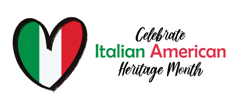 Italian American Heritage Month banner with text and artistic flag of Italy in shape of heart black ink textured frame. Vector illustration. template, card, poster design.